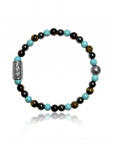 Bracelet 6 mm  Turquoise / Oeil de Tigre / Hématite et Talisman de Prospérité