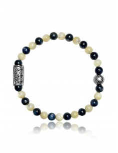 Bracelet 6 mm  Nacre / Oeil de Tigre Bleu et Talisman de Prospérité