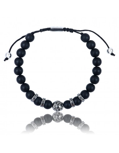 Bracelet Ajustable Onyx Noir et motifs en Acier