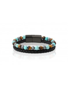 Bracelet Cuir Tressé et Pierres Oeil de Tigre, Turquoise, Hematite 6mm